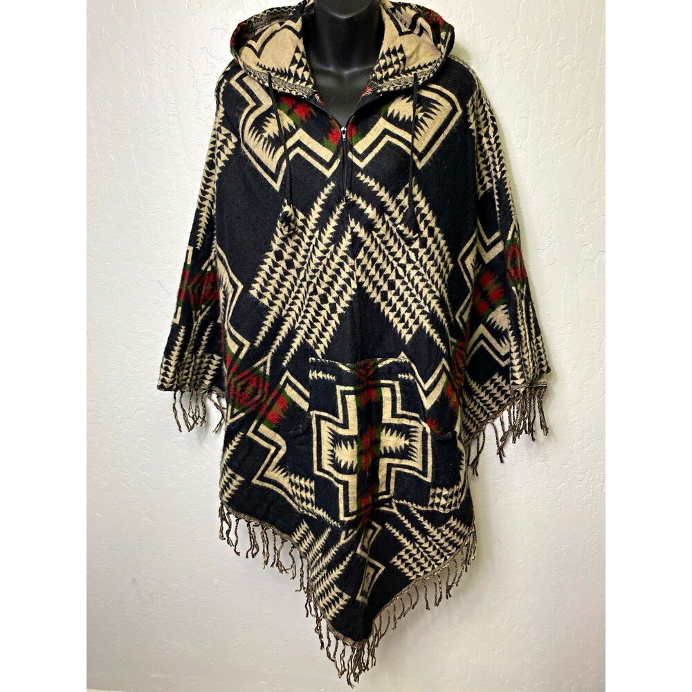 100% Wool Hooded Aztec Geometric Fringe Cape Poncho – Made in Nepal – One Size